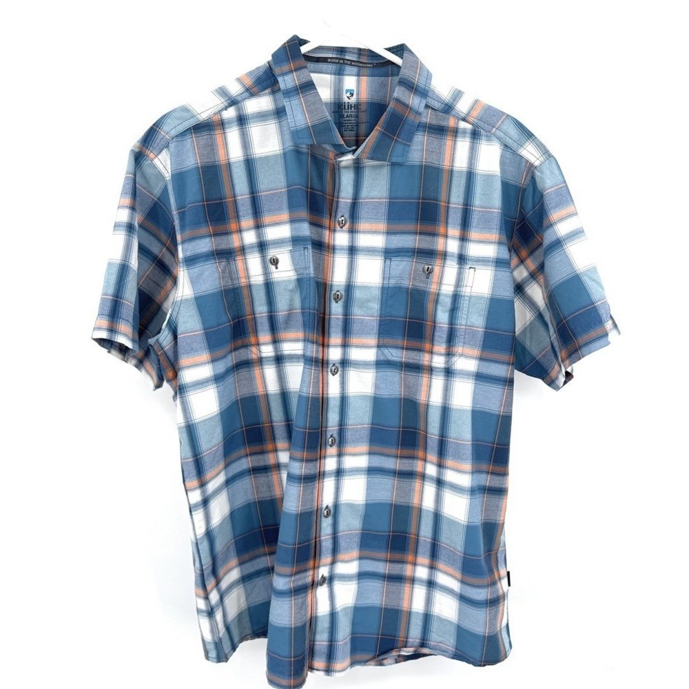 Kuhl Mens XL Tapered Fit Plaid Short Sleeve Button Down Shirt Blue Orange Hiking